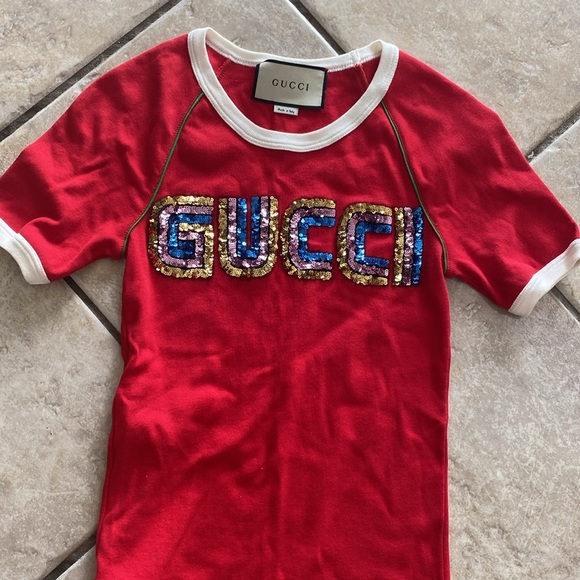 Gucci Red Sequin Logo Ringer Tee - Ribbed Jersey Knit Shirt XXS | EUC - Picture 2 of 8